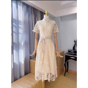 Lace hollow short sleeved slim fitting lace up long dress