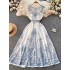 Summer new palace style French retro V-neck sleeveless dress for women with waist length, A-line printed skirt trend
