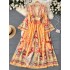 Spring New French Palace Style Deep V-neck Flare Sleeves Printed Dress Women's Split Waist Large hem Long Skirt