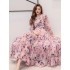 Original style custom retro printed pleated V-neck bubble sleeves with waist cinched A-line large hem long dress with belt
