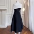 Classic black and white color block off shoulder diagonal shoulder dress, simple waist reduction, slimming effect, small black dress, long dress 68365