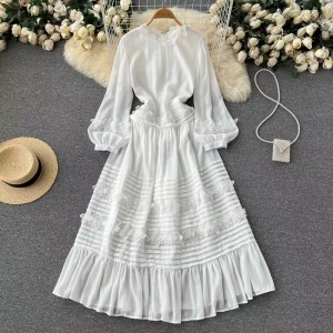High end French style waistband slimming pleated lantern sleeve dress for autumn women's princess style white fairy skirt
