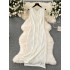 Lazy style white dress with feminine temperament, V-neck slim fit, medium length design, hollow out knit layered vest skirt