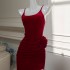Vintage suspender red dress, light luxury birthday party, medium length side slit evening elegant dress 68432