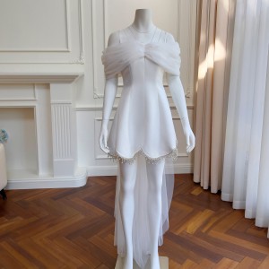 French one line neckline dress, small white dress, three-dimensional flower mesh pleated sleeves, suspender dress, light luxury dress 68378