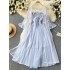French Super Immortal Mesh Sling Dress Two piece Set for Women's Summer 3D Flower Mid length Sunscreen Shirt Cardigan Set