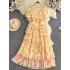 French gentle style short sleeved square neck with waistband, slimming A-line ruffle edge cake print dress, elegant long skirt