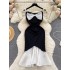 White Moonlight Qianjin Style Dress for Women with Design Sense, Contrast Color Bow Tie, Slim Fit, Small and Popular Ruffle Edge Fishtail Dress