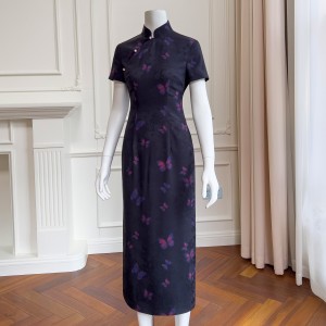 Yi Ge Li La 2024 Early Spring New Product Black Slim Fit Short sleeved Elegant Dress Qipao Women's 68408