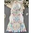 Spring and Autumn Seasons European and American Fashion Versatile Waist Waist Slimming Printed Dress Women's Palace Style Single breasted Knee Length Skirt