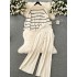 Lazy style set for early spring wear with vintage striped knitwear, loose and versatile high waisted wide leg pants, fashionable two-piece set
