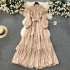 Tea break French style dress for women with a design feel. Lace hollowed out patchwork buckle slim fit long bubble sleeve dress