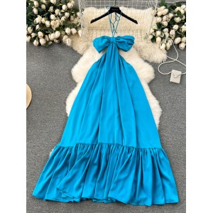Vacation dressing with camisole dress, women's mind machine hollowed out backless sexy strapless long satin dress, ruffled edge skirt