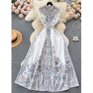 Summer New French Palace Style Standing Neck Sleeveless Printed Dress for Women with Waist Reduction and Slim Appearance, Split Long Skirt