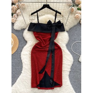Qianjin style dress for women with contrasting color, one line collar, off the shoulder strap dress, niche shiny silk irregular skirt