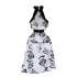 Design sense: Chinese style stand up collar, contrasting color patchwork, retro printed hanging neck dress, women's 2024 new vacation dress