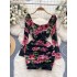 Pure Desire Dresses for Women 2024 New Retro Print Heavy Work Wrinkled Waist Slimming Short Sexy Wrapped Hip Skirt