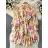 Spring and Autumn New French Vintage Standing Neck Lantern Sleeves Fragmented Flower Waist Dress Women's Ruffle Edge Bottom Fairy Dress