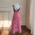 French Bow Strap 3D Flower Rose Dress Celebrity Style Dress Pink Fairy Long Dress 68446