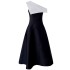 Classic black and white color block off shoulder diagonal shoulder dress, simple waist reduction, slimming effect, small black dress, long dress 68365