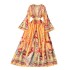 Spring New French Palace Style Deep V-neck Flare Sleeves Printed Dress Women's Split Waist Large hem Long Skirt