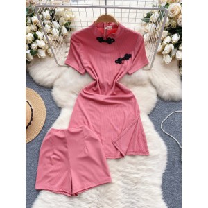 New Chinese Style Dressing Set 2024 Design Sense Pan Buckle Standing Neck Slim Fit Mid length Top Versatile Shorts Two piece Set