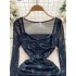 Early Spring Dress Women's French Vintage Square Neck Heavy Wrinkled Waist for Slim Appearance Elegant Print Wrapped Hip Skirt