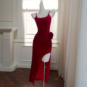 Vintage suspender red dress, light luxury birthday party, medium length side slit evening elegant dress 68432