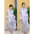 High end, light luxury, and elegant lantern long sleeved stand up collar with waistband for slimming effect. Cashew nut print A-line large swing chiffon dress