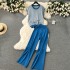 Lazy style set for early spring wear with retro wave pattern knit sweater, loose and versatile wide leg pants, fashionable two-piece set