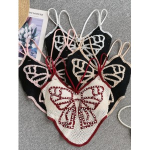 Spicy girl style camisole vest for women with sexy and beautiful back, heavy-duty nail bead bow, slim fit short knitted top for women