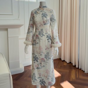 Chinese style retro golden velvet embroidered improvement cheongsam long dress elegant and upright collar dress for women 68346