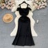 Banquet dress design with a twisted V-neck and pleated waistband for a slimming and elongated look. High slit toasting gown with suspender dress