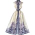European and American retro court style quality single breasted stand up collar printed dress for women with a waistband and elegant A-line large hem long skirt