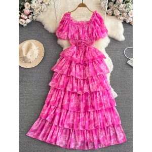 French gentle style short sleeved square neck with waistband, slimming A-line ruffle edge cake print dress, elegant long skirt