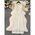 Lazy style white dress with feminine temperament, V-neck slim fit, medium length design, hollow out knit layered vest skirt