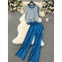 Lazy style set for early spring wear with retro wave pattern knit sweater, loose and versatile wide leg pants, fashionable two-piece set