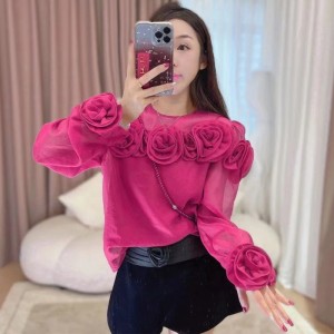 French haute couture round neck long sleeved shirt for women's Spring and Autumn 2024, slightly transparent three-dimensional flower style shirt, loose top