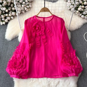 2024 New Wooden Ear Edge Stereoscopic Plate Flower Lantern Sleeves Show Slim Temperament Solid Color Pullover Women's Top