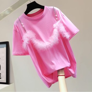 2024 Spring/Summer New Korean Round Neck Straight Short Sleeve Solid Color Diamond Embedding T-shirt Feather Spliced Women's Versatile Top