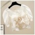 French ruffled edge floral three-dimensional large flower solid color patchwork chiffon short sleeved top fashionable and stylish short style shirt