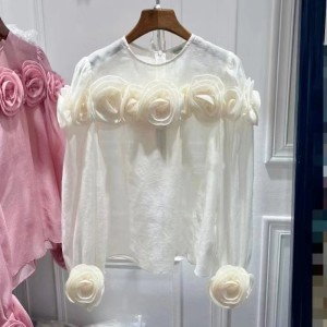 French haute couture round neck long sleeved shirt for women's Spring and Autumn 2024, slightly transparent three-dimensional flower style shirt, loose top