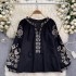 Ethnic style retro heavy industry embroidery lace up tassel round neck loose and slimming, age reducing bubble sleeve top for women's vacation shirt
