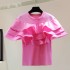 Heavy industry ruffle edge patchwork short sleeved T-shirt 2024 Spring/Summer Korean version loose and slimming solid color straight round neck top trendy
