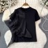 Mesh ruffle edge patchwork short sleeved T-shirt for women's 2024 summer Korean version loose and slimming solid color casual versatile top