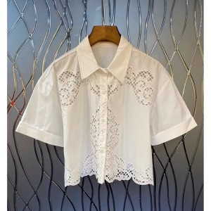 French embroidery hollowed out lapel short shirt for women's 2024 summer new design sense, niche temperament short sleeved top