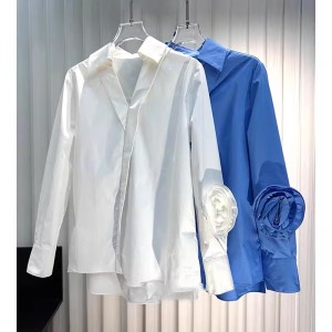 2024 early spring new shirt for women's high-end design with three-dimensional floral long sleeved solid color loose fitting shirt