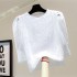 Hollow hook flower high waisted short top 2022 summer Korean version slimming off 5/4 sleeve solid color casual versatile lace shirt
