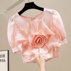 French ruffled edge floral three-dimensional large flower solid color patchwork chiffon short sleeved top fashionable and stylish short style shirt