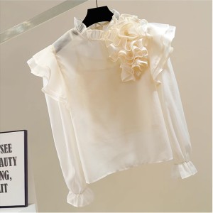French design sense, niche and unique chiffon small shirt, women's high-end three-dimensional flower shirt top